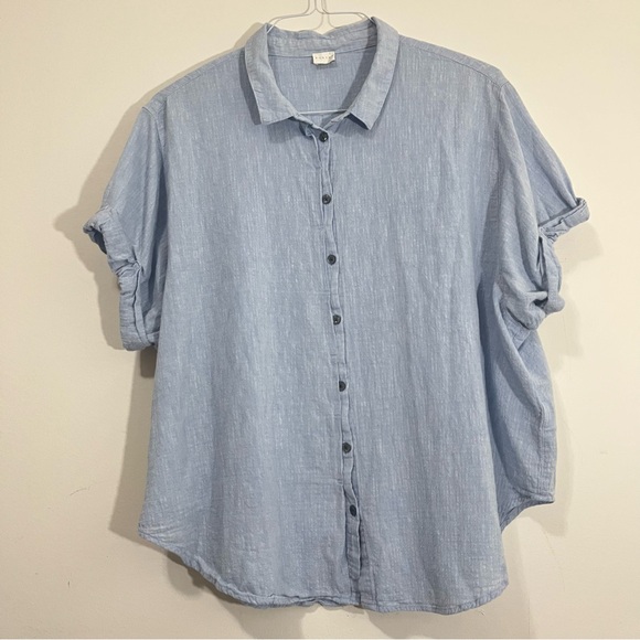 POETRY Crinkle Gauze Shirt Women Sz 16 Baby Blue Button Up Cotton Linen Preppy - Picture 1 of 14